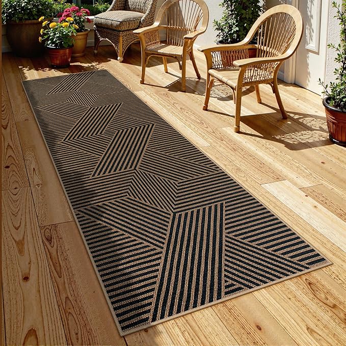 Lahome Enfys Modern Geometric Runner Rug, 2x8 Washable Rug Runners for Hallways Non Slip, Black Outdoor Carpet with Rubber Backing, Farmhouse Non Shedding Kitchen Mats for Floor Entryway