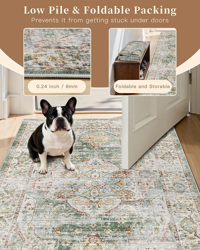 Madane Washable Runner Rug - 2x6 Rug Runners for Hallways 6 Feet Non Slip Vintage Kitchen Runner Rug Ultra-Thin Bathroom Runner Rugs Carpet Laundry Room Bedroom (2x6ft, Green)