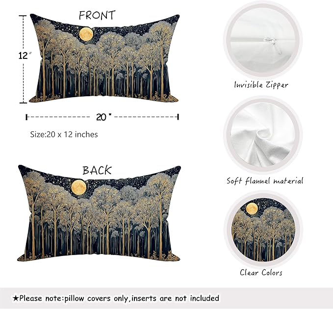 Rustic Dark William Morris Night Forest Moon Decor Pillow Covers 12x20,Vintage Gold Botanical Nature Landscape Decorative Throw Pillow Covers for Home Bedroom Living Room