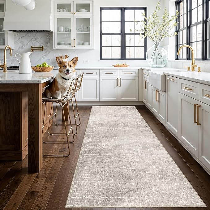 Abstract 3x10 Kitchen Rug Runners - Washable 10ft Hardwood Sink Rugs Non-Slip Hallway Entryway Area Rugs Soft Floor Mat Indoor Farmhouse Carpet for Bathroom Living Room Bedroom (3x10,Beige/Cream)