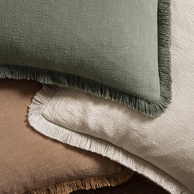 MIULEE Decorative Throw Pillow Covers Neutral Linen Fringe Throw Pillows Euro Shams Set of 2 Brown Boho Farmhouse Cushion Covers for Couch Sofa Bed Living Room Spring Home Decor 22x22 Inch