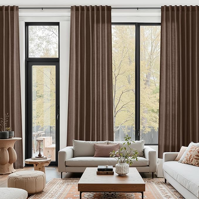 Cappuccino Linen Curtains for Living Room 100 Inches Long Light Filtering Semi Sheer Curtain Back Tab Rod Pocket Luxury Modern Rustic Home Decor Neutral Drapes for Bedroom Dinner Room 52x100, 2 Panels