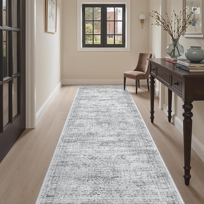 Runner Rug 3x8 Washable Non-Slip Hallway Runner Rugs for Kitchen Bathroom Laundry Room Grey Vintage Floor Carpet Runners for Hallways Entryway