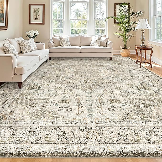 Madane Washable Rug 8x10 Area Rugs for Living Room, Ultra-Thin Non-Slip Backing Rug, Stain Resistant Vintage Large Area Rug for Bedroom (Ivory/Brown, 8'x10')