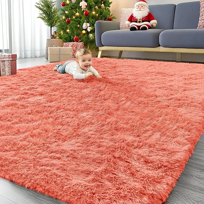 OLANLY 9x12 Machine Washable Large Area Rugs for Living Room, Bedroom, Soft Fluffy Shaggy Bedside Rug, Indoor Floor Carpet for Kids Girls and Boys, Dorms, Nursery, Home Decor, Coral Red