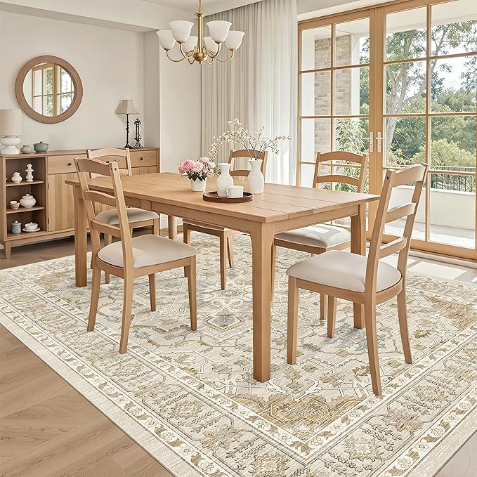 Madane 5x7 Area Rugs for Living Room, Stain Resistant Washable Rug, Non-Slip Backing Area Rug, Vintage Home Decor Rug for Bedroom (Beige/Blue, 5'x7')