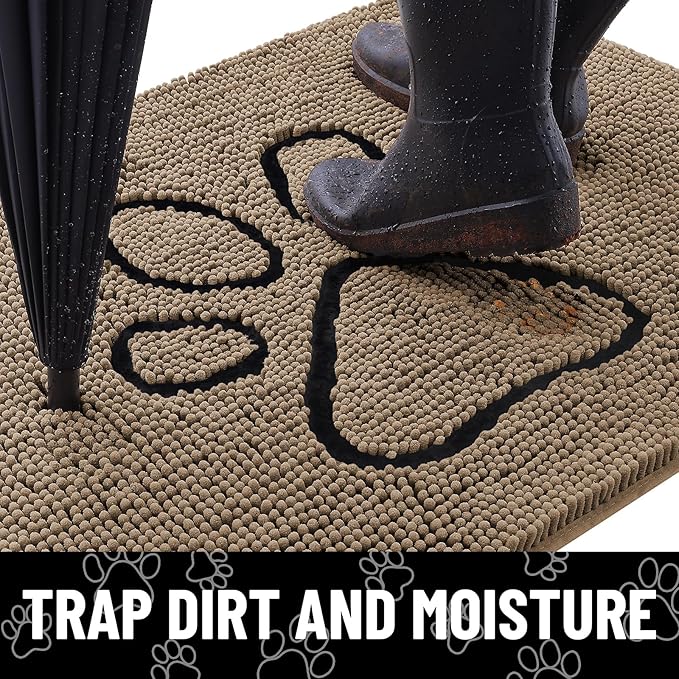 Smiry Dog Door Mat for Muddy Paws, Absorbent Dirt Trapper Non Slip Quick Dry Washable Chenille Mat for Mud Dogs, Entry Rug for Indoor and Outdoor (71x46 Inches, Camel and Black)