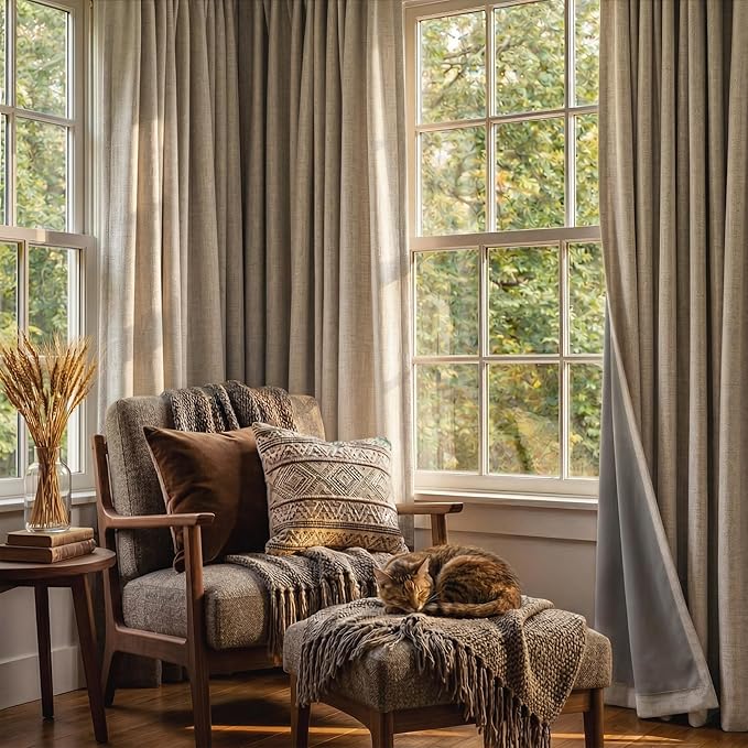 RYB HOME Burlap 100% Blackout Linen Curtains 78 inch Long, Thermal Insulated & Privacy Assurd Home Decor Drapes for Bedroom/Office/Nursery, Rod Pocket & Back Tab Window Treatment, W52 X L78, 2 Panels