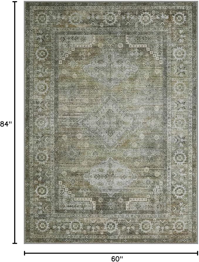 BEIMO Area Rugs 5x7 for Living Room Bedroom, Modern Boho Machine Washable Large Distressed Light Greyish Sage Green Rug, Low Pile Floor Carpet with Non Slip Backing for Dining Room