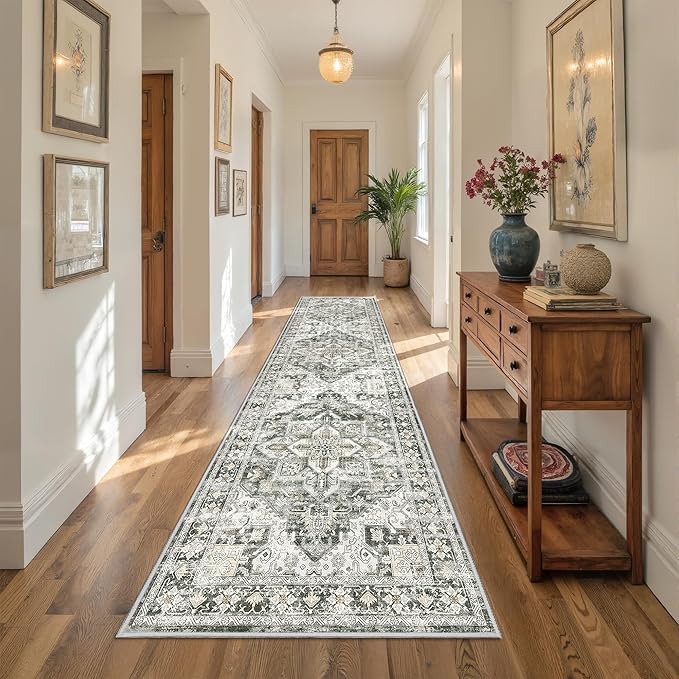 Kitchen Runner Rug Non Slip Washable 2.5x10, Soft Ultra-Thin Entryway Rug Runners for Hallways, Carpet Runner for Living Room,Kitchen, Laundry, Bathroom(Grey/Beige,2.5'x10')