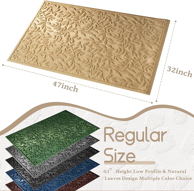 Beige Leaves Outdoor Indoor Entrance Door mat, Absorbent Durable Heavy Duty Welcome Front Door Mat,Thick Natural Rubber Back,Easy Clean Entryway Mat 47x32 Inch, Low Profile