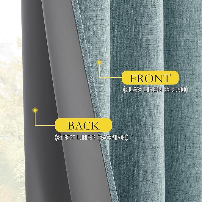 NICETOWN 100% Absolutely Blackout Linen Curtains with Thermal Insulated Liner, Skylark Blue, 62" Wide, 102" Length Energy Saving Curtains for Living Room 2 Panels Set, Vertical Blinds