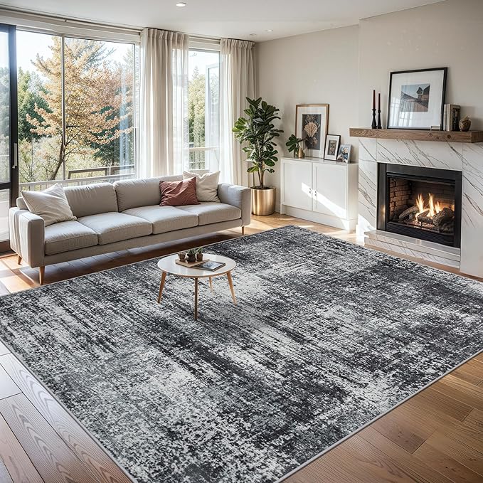 Area Rugs 9x12 Living Room - Washable Rug Modern Abstract Soft Large Neutral Non-Slip Carpet Indoor Floor Thin Carpets for Bedroom Dining Room Farmhouse Nursery Home Office Dark Black