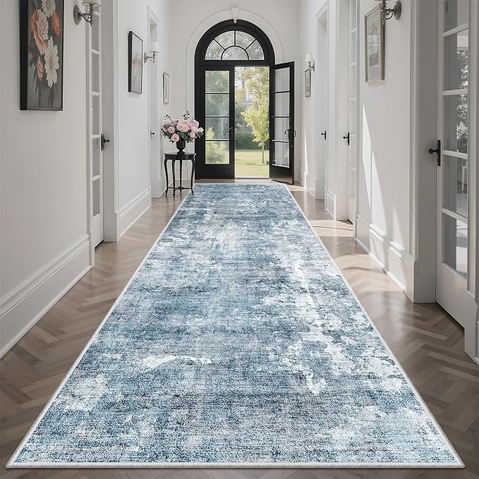 Runner Rug 3x10 Washable Non-Slip Hallway Runner Rugs for Kitchen Bathroom Laundry Room Blue/Grey Vintage Floor Carpet Runners for Hallways Entryway