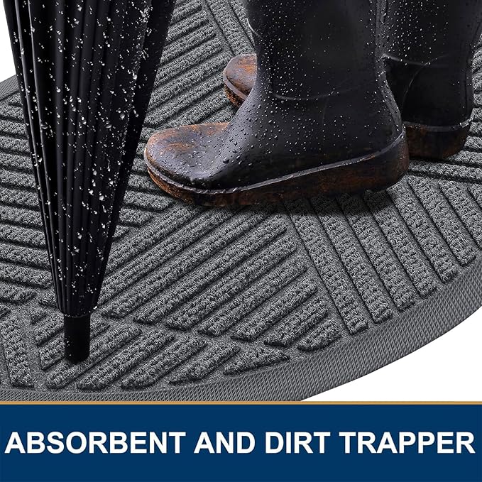 Smiry Half Circle Front Door Mat Outside Entrance, Heavy Duty Sturdy Natural Rubber Doormat, Trap Dirt and Moisture, Low Profile Mats for Indoor Outdoor Entry, Irregular Triangle (35x23, Grey)