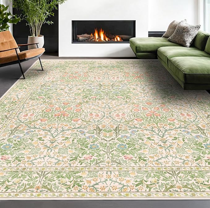 Cream Green Washable 8x10 Area Rugs for Living Room, Bedroom, Dining Room Under Table, Playroom, Stain Resistant Non-Slip Light Green Carpet with Pale Yellow and Pink Blossoms and Blue Flowers