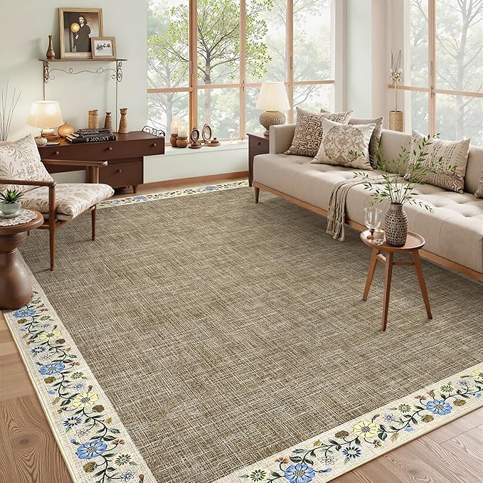 GarveeHome 10x13 Machine Washable Rugs for Living Room Large Area Rug Modern Floral Indoor Accent Carpet Low Pile Carpet Soft Throw Aesthetic Floor Cover for Bedroom Laundry Dining Room, Dark Camel