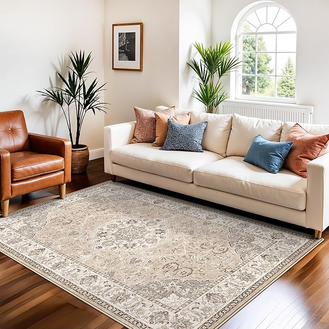 Living Room 4x6 Area Rugs: Vintage Farmhouse Washable Non-Slip Rug for Bedroom Dining Room Ultra Thin Soft Carpet for Nursery Kitchen Durable Low-Pile Neutral Floor Mat for Pet Owners(4x6 Beige)