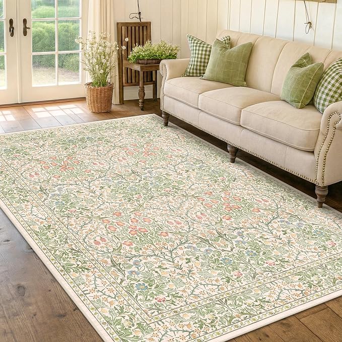 Washable Beige Green 5x8 Area Rug for Living Room, Large Entryway, Kids Room, Boy Bedroom, Playroom - Vintage Oriental Rug Low Pile Non Slip & Stain Resistance (5x8 Beige Green)