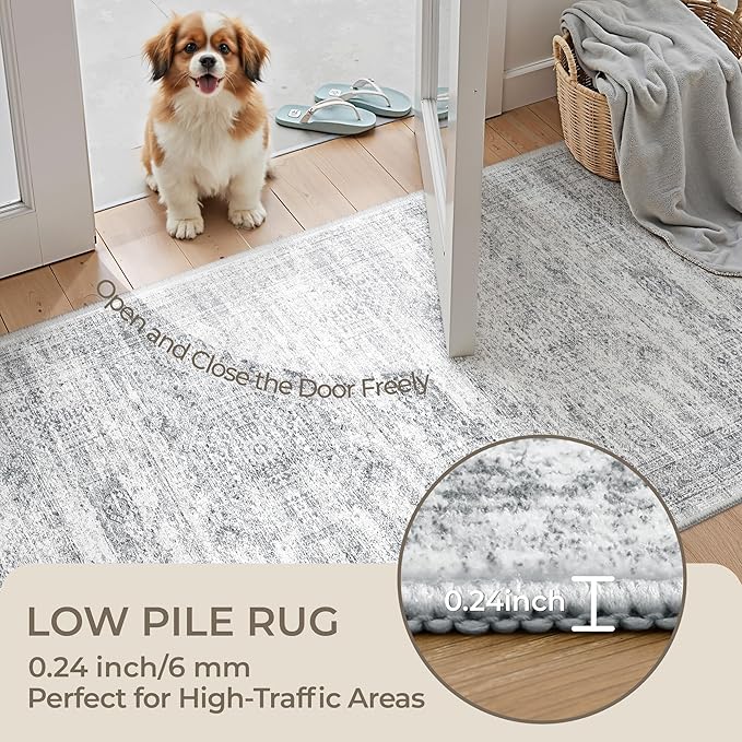 3x18 Washable Runner Rug for Hallway, Non-Slip Long Hallway Runner for Entryway, Soft Vintage Kitchen Mats for Floor, Abstract Dining Room, Bedroom, Living Room Rugs(3'x18', Grey/Ivory)