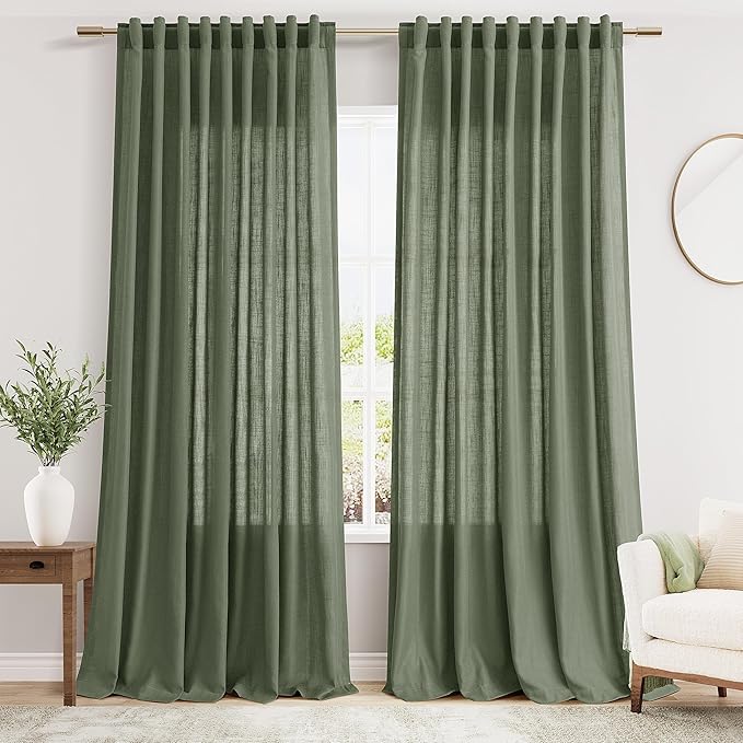 Nanspring 70 Inches Wide Olive Green Linen Curtains for Living Room 2 Panels Set 96 Inch Length Back Tab Light Filtering and Breathability Semi Sheer Curtain for Bedroom 70x96