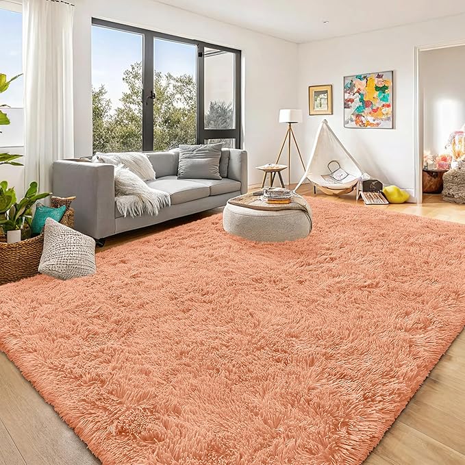 OLANLY 8x10 Machine Washable Large Area Rugs for Living Room, Bedroom, Soft Fluffy Shaggy Bedside Rug, Indoor Floor Carpet for Kids Girls and Boys, Dorms, Nursery, Home Decor Aesthetic, Muted Orange