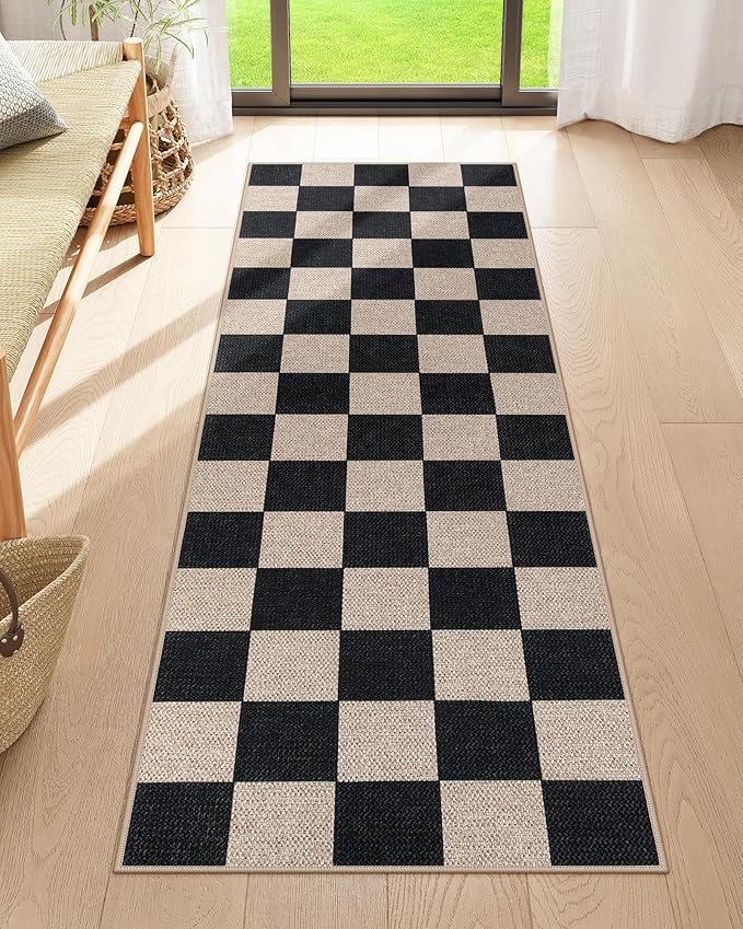 Lahome Colette Checkered Easy Jute Runner Rug, 2x6 Kitchen Runner Rug Non Slip Washable Outdoor Carpet for Entryway Indoor, Checkerboard Black Indoor Outdoor Carpet Runners for Hallway 6ft Entry