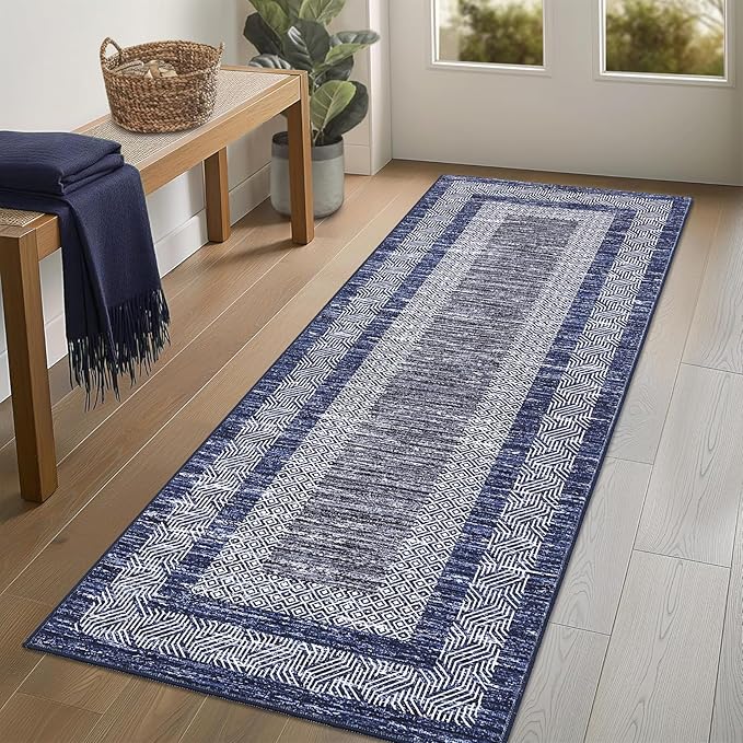 Washable 2.5x10 Kitchen Runner Navy Blue Rug, Easy Clean Geometri Rugs for Hallway Entryway, Indoor Outdoor Non Slip Rug Farmhouse Morden Carpet Door Mat Area Rug for Laundry Room Grey