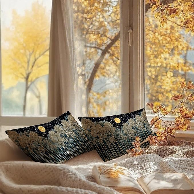 Rustic William Morris Night Forest Green Moon Decor Pillow Covers 12x20 Set of 2,Vintage Botanical Nature Landscape Decorative Throw Pillow Covers for Home Bedroom Living Room