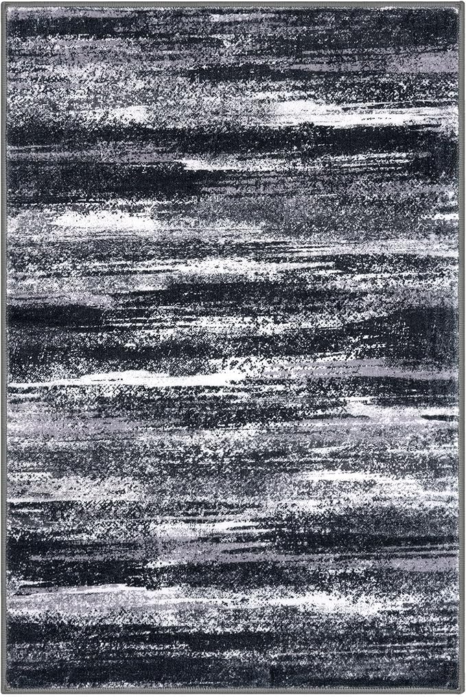 Lansny Modern Abstract Entryway Rug Indoor 2x3 Washable Rug Non-Slip Soft Small Area Rug Black Grey Kitchen Mats Thin Print Faux Wool Floor Carpet Throw Rugs for Entrance Bedroom