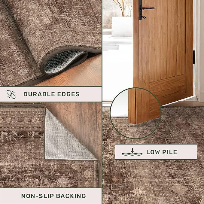 Hazo Haus Brown Rug for Living Room 10x14 - Extra Large Vintage Western Unique Neutral Taupe, Washable Low Pile Non-Slip Soft Thin Area Rug for Dining Under Table, Bedroom Under Bed, Home Office
