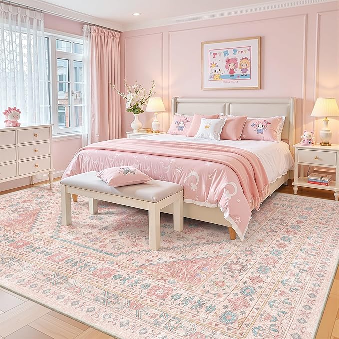 zesthome 8x12 Area Rugs for Girls Bedroom, Low Pile Machine Washable Rugs, Vintage Large Pink Rugs, Stain Resistant Nursery Room Rug, Baby Crawling Rug (Pink/Blue,8'x12')