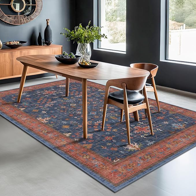 Hazo Haus Dark Blue & Terracotta 5x8 Living Room Rug - Machine Washable Area Rugs for Bedroom, Dining Room, Kitchen Floor, Small Office, Low Pile Non-Slip Rubber Backing & Stain Resistance