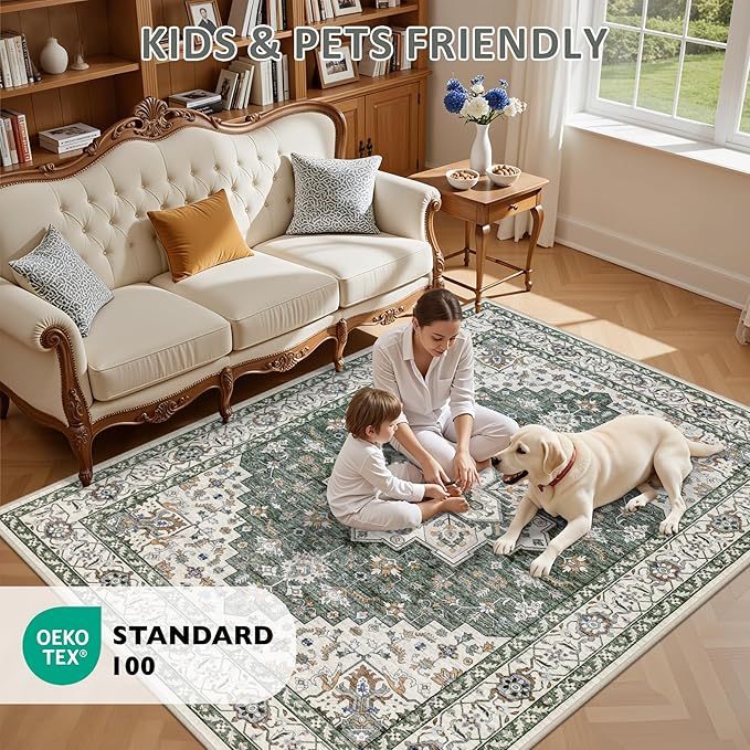 4x6 Area Rugs for Living Room: Washable Rug Soft Vintage Boho Medallion Carpet Indoor Non-Slip Stain Resistant Large Carpets for Bedroom Dining Room Farmhouse Nursery Home Office Green Ivory