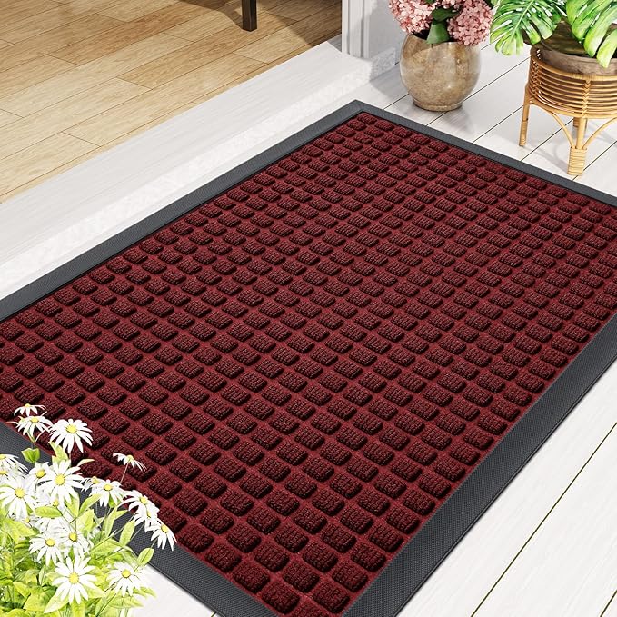 Smiry Front Door Mat Outside Entrance, Heavy Duty Natural Rubber Doormat, Non Slip, Trap Dirt and Moisture, Easy Clean, Low Profile Welcome Floor Mats for Indoor Outdoor Entry, 29.5x17 Inch, Red