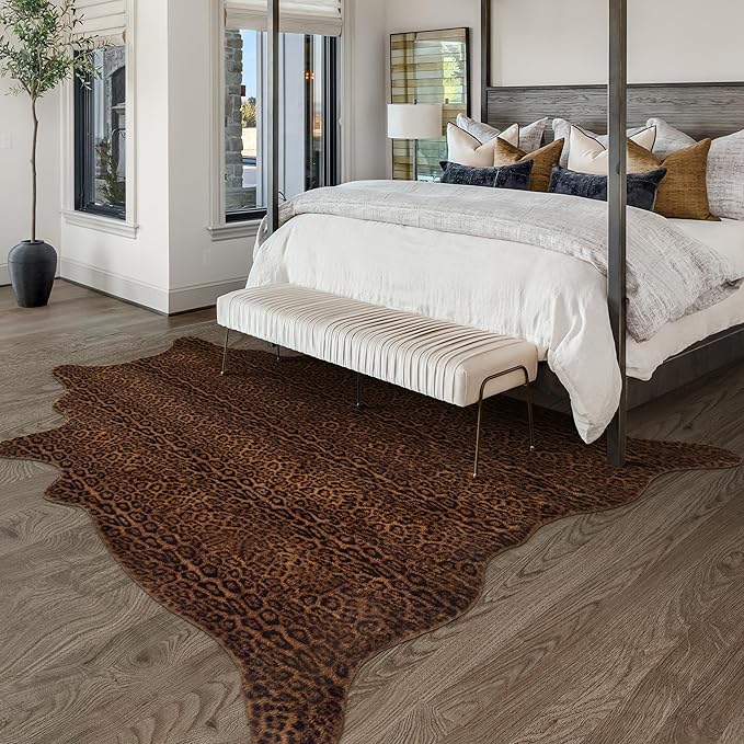 Faux Antelope Cheetah Print Rug, Leopard Rug 5.2x7 Faux Animal Print Skin Cheetah Area Rug for Bedroom Living Room Animal Fur Hide Rustic Dark Brown