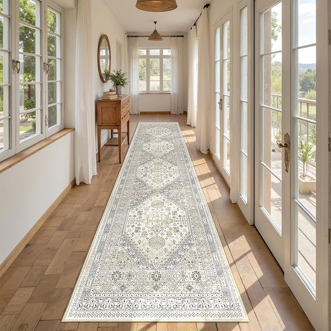 Runner Rug 2x10, Ultra-Thin Kitchen Rugs Non Slip Washable Rugs for Entryway Rug, Kitchen Runner Low Pile Vintage Soft Carpets for Living Room, Bathroom Bedroom (Beige,2'x10')