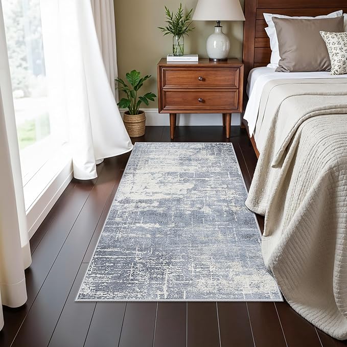 Washable 2x4 Kitchen Area Rugs: Abstract Stain-Resistant Sink Rug Non-Slip Durable Doormat Ultra Soft Bedroom Nursery Besides Carpets Indoor Water Resistant Bathroom Floor Mat(2x4,Blue/Ivory)