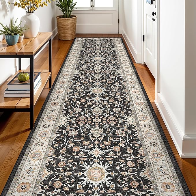 3x12 Long Hallway Runner Rug: Washable Non-Slip Rugs for Hallway Stain Resistant Durable Kitchen Mat Low Pile Lightweight Indoor Soft Carpet for Bedroom Living Room Bedside (Black, 3x12)