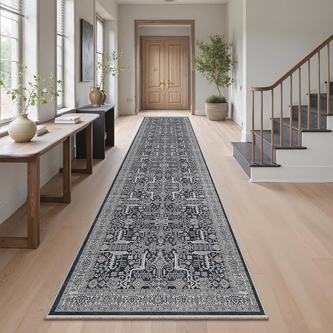 Hallway Washable Runner Rug 2x10 - Non Slip Vintage Kitchen Runner Rugs for Entryway Low-Pile Waterproof Long Runners for Living Room Bedroom Medallion Indoor Floor Mat for Bathroom Laundry Black