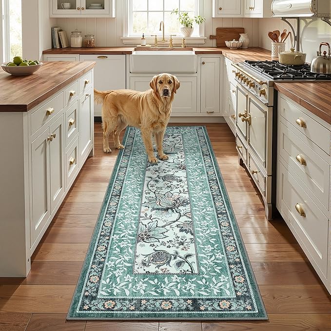 GarveeHome Teal Washable 5x7 Area Rugs, Botanical Grove Vintage Cottage core Non-Slip Rug for Bedroom Living Room Nursery Kitchen Low-Pile Retro Carpet