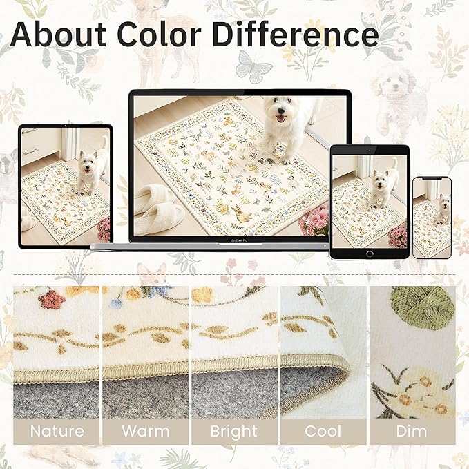 Soalmost Dog 8x10 Area Rugs for Living Room, Machine Washable Animal Floral Vintage Rug Non-Slip Low Pile Soft Throw Large Rugs for Bedroom Dining Room Kitchen Nursery Playroom (8 x 10,Beige)