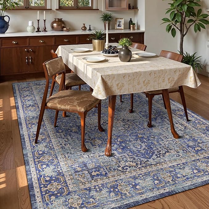Washable Area Rug 3' x 5 ' Vintage Traditional Persian Mat - Foldable Distressed Non-Slip Machine Washable Carpet for Living Room Bedroom Kitchen Home Decor - Indigo and Gold