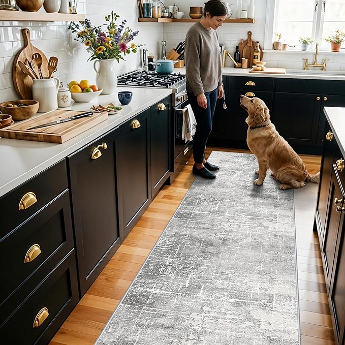 HY HAOYUNLAI Abstract 2x8 Runner: Washable Non-Slip 8ft Hallway Carpet Stain-Resistant Laundry Room Kitchen Area Rug Throw Entryway Foyer Mat Soft Living Room Bedroom Beside Runner Rug(2x8,Light/Grey)