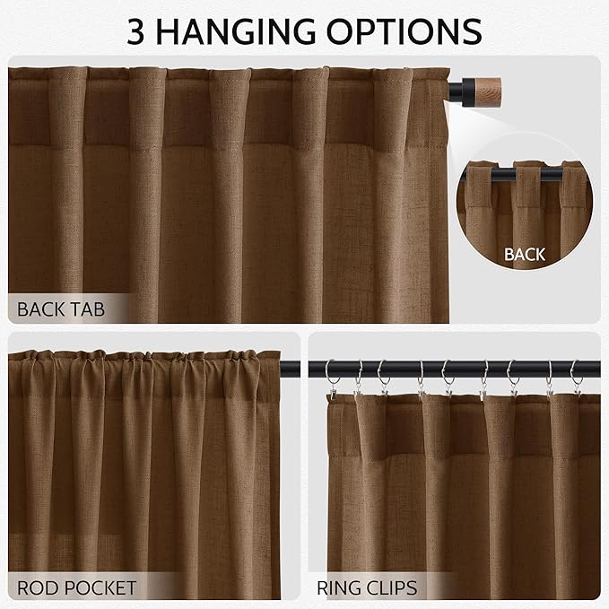 Tobacco Brown Linen Curtains 108 Inches for Living Room Bedroom Extra Long Back Tab Curtain Vintage Rustic Farmhouse Light Filtering Sheer Drapes Floor to Ceiling Curtain 52x108,2 Panels