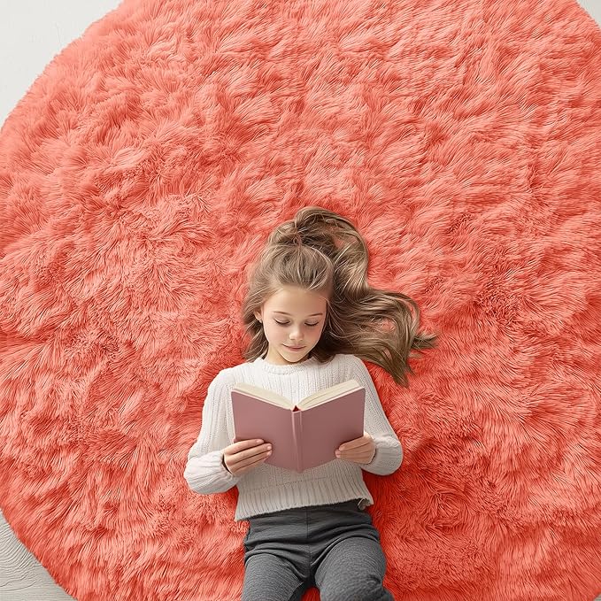 OLANLY Coral Red Round Rugs for Bedroom - Machine Washable, 6 ft Circle Area Rugs for Living Room, Soft and Fluffy Shaggy Carpet for Teen Girl and Boys, Nursery Rooms, Dorms, Home Decor Aesthetic