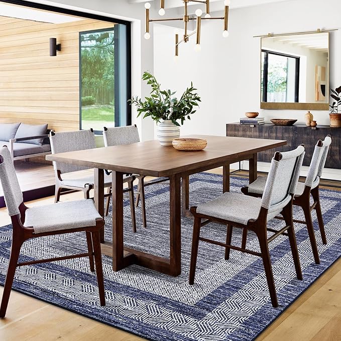 GarveeHome 6x9 Large Washable Area Rug Modern Bordered Rug Distressed Geometric Floor Carpet, Soft Non Slip Low Pile Non Shedding Rug, Indoor Navy Blue for Bedroom, Living Room