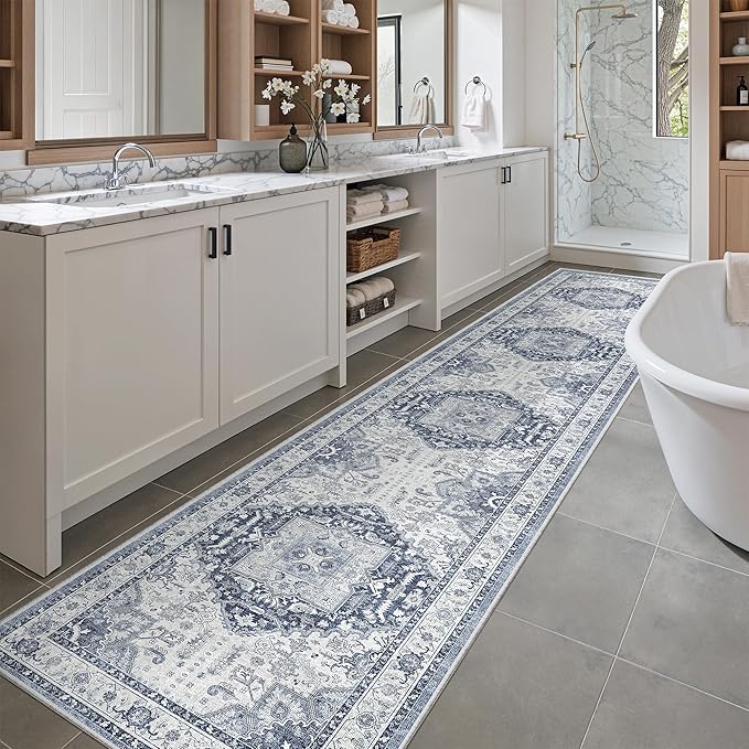 Madane Runner Rugs for Hallway 2x12 Extra Long Washable Non-Slip Hallway Runner Rug Low-Pile Stair Kitchen Throw Carpet Runner for Entrance Living Dining Laundry Room Rug (Navy/White, 2'x12')