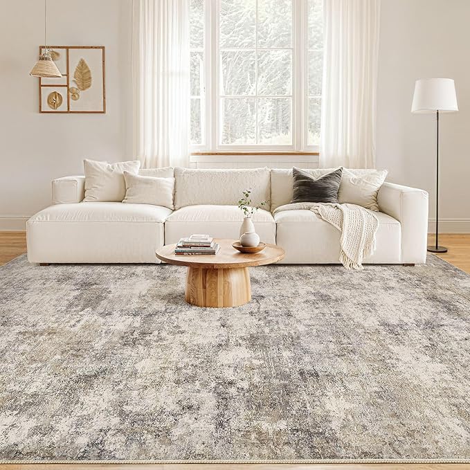 Nakagishi 9x12 Area Rugs Living Room: Washable Abstract Large Neutral Soft Rug Stain Resistant Modern Indoor Floor Non-Slip Carpet for Bedroom Nursery Kids Playroom Office Dining Room Dorm- Brown Grey