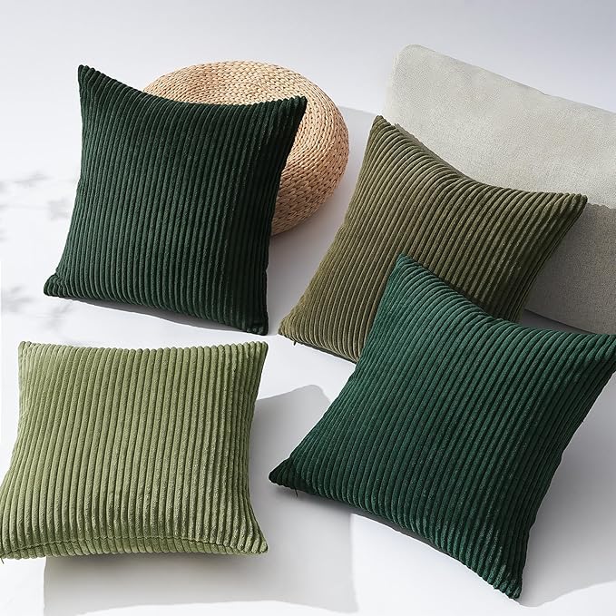 Topfinel Christmas Decorative Throw Pillow Covers Green Series,Winter Fluffy Corduroy Striped Euro Pillows Shams for Couch Bed Bedroom,Western Modern Hunter Green Pillowcase 24x24 Inch Set of 4